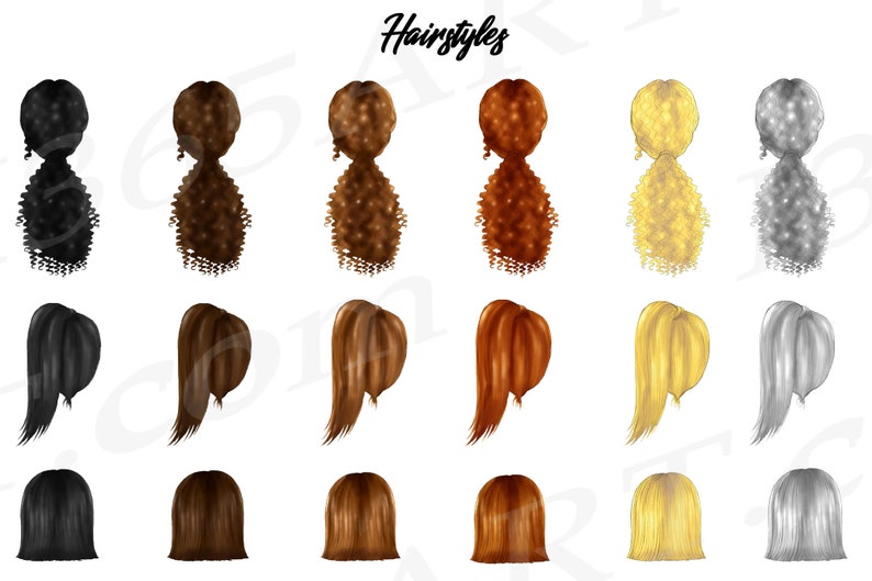 May include: A digital illustration of 10 different hairstyles. The hairstyles are all in a ponytail style and are in various colors, including black, brown, blonde, and gray.