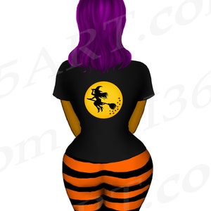 K&ouml;nnte beinhalten: Eine Frau mit lila Haaren tr&auml;gt ein schwarzes T-Shirt mit einem gelben Mond und einer Hexe, die auf einem Besen fliegt. Sie tr&auml;gt auch orange-schwarze gestreifte Leggings.