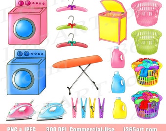 Hand Drawn Laundry Clipart Set, PNG JPEG Graphics (Digital Download)