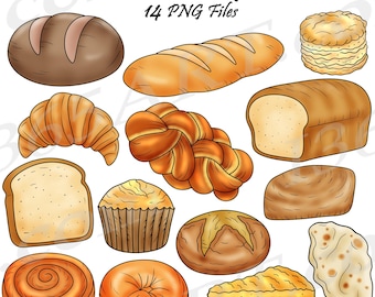 May include: A collection of 14 illustrated bread clipart images. The images include a variety of bread types, including sourdough, croissants, challah, and rolls. The images are in a cartoon style and are perfect for use in digital projects.