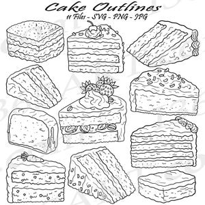 Kuchen Stück SVG, Hand gezeichnet Kuchen Clipart, Kuchen Umrisse, Kuchen Illustrationen PNG JPG, Süßigkeiten svg, Schwarz-Weiß-Desserts