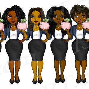 May include: Six illustrations of Black women wearing blue blazers and black skirts, each holding a pink piggy bank. The women have different hairstyles and expressions.