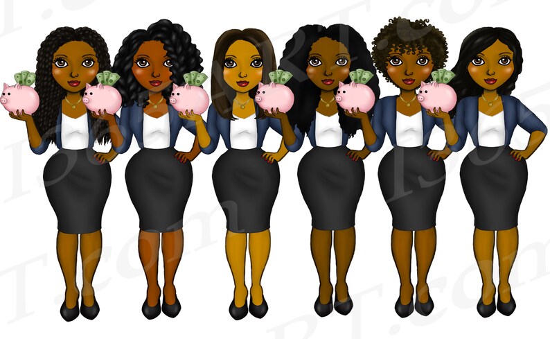May include: Six illustrations of Black women wearing blue blazers and black skirts, each holding a pink piggy bank. The women have different hairstyles and expressions.