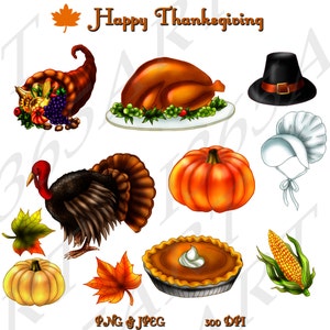 Clipart di elementi del Ringraziamento, festa, inviti, scrapbooking, illustrazioni, tacchino, torta di zucca, cornucopia, pellegrino, PNG/JPEG
