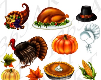 Clipart d'éléments de Thanksgiving, fête, faire-part, scrapbooking, illustrations, dinde, tarte au potiron, corne d'abondance, pèlerin, PNG/JPEG