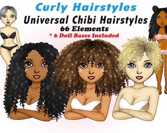 Curly Hairstyles Clipart Add-On, Chibi Hair Bundle, Afro PNG, Black Women, Customizable Illustrations, African American, Curvy Ladies, PNG