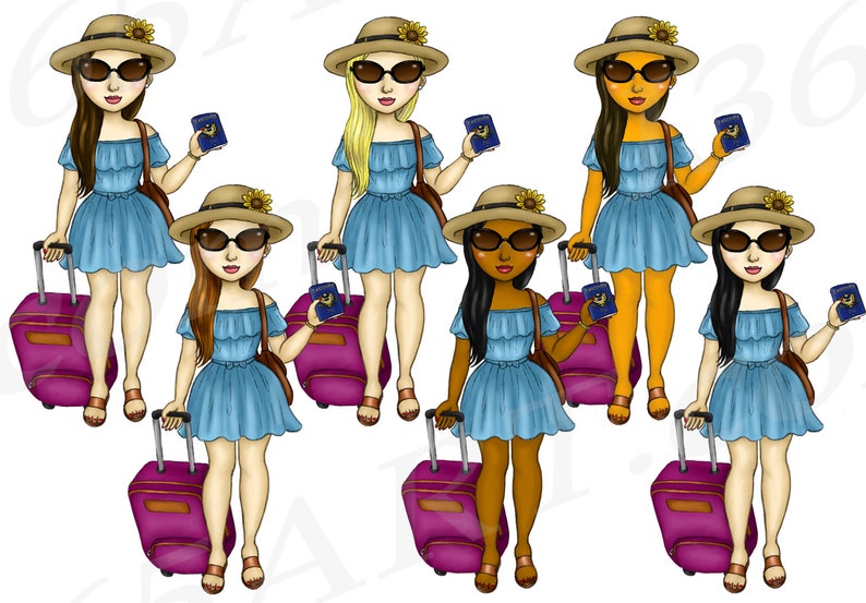 Travel Girl Clipart, Summer Travel clipart, Vacation, suitcase clipart, curvy girl clipart, Fashion Girls, African American PNG image 3