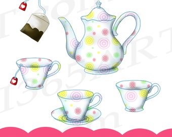 Tea Clipart Clip art, digital teapot, tea cup clipart, teabag clipart, tea invitation, scrapbooking, tea party, set, Commercial