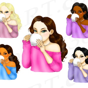 Tea Sipping Girls Clipart, Fashion Portrait, Sips Tea, Coffee Girls, African American, Hairstyles, Planner Dashboard, Illustrations image 2