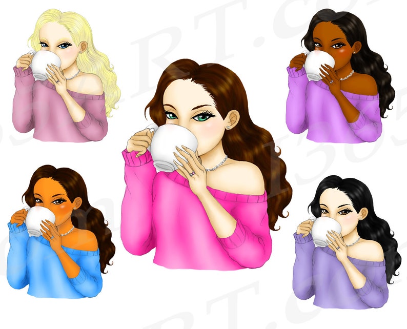 Tea Sipping Girls Clipart, Fashion Portrait, Sips Tea, Coffee Girls, African American, Hairstyles, Planner Dashboard, Illustrations image 2