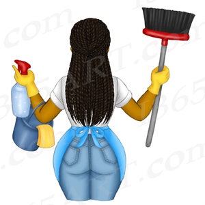 Cleaning Lady Clipart, Cleaning Business logo, Black Woman Clipart, Maid Service, African American, Chores, Female Janitor, Natural Hair image 2