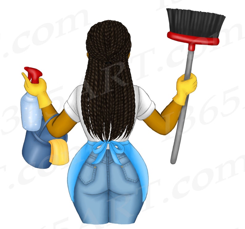 Cleaning Lady Clipart, Cleaning Business logo, Black Woman Clipart, Maid Service, African American, Chores, Female Janitor, Natural Hair image 2