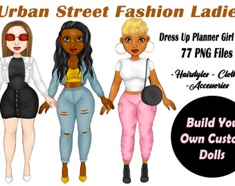 Customizable Dolls Clipart, Dress Up Dolls, Urban, Street Fashion, Personalized Clipart, Paper Dolls, Black Queen PNG, African American
