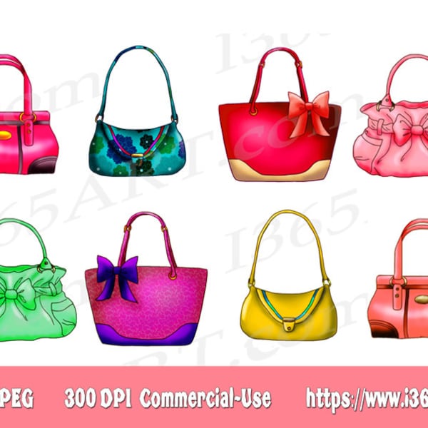 Handbag Clipart, Purse Clipart, Clip art, Designer Bags, Fashion, Scrapbooking, Party Invitations, Graphics, PNG JPEG, Download