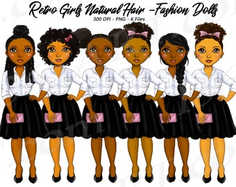 Retro Girls Clipart, Natural Hair, Black Girls, African American, 50s, Black Skirts, Fashion Girl Clipart, Vintage, Curvy, Planner Girl, PNG