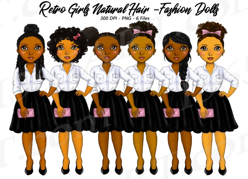 Retro Girls Clipart, Natural Hair, Black Girls, African American, 50s, Black Skirts, Fashion Girl Clipart, Vintage, Curvy, Planner Girl, PNG image 1