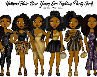 New Years Eve Girls Clipart, New Years Eve Party, Natural Hair, Black Girls, African American , Black Women, Party Girls, Curvy Cute, PNG