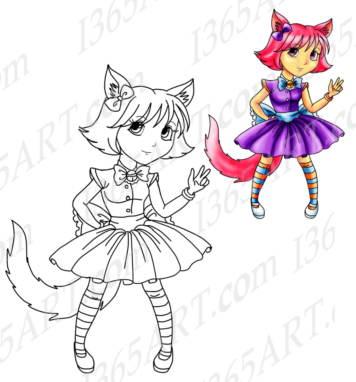 girl clipart, cat girl, Digital Girl, Digital Stamp, Coloring Page, Scrapbooking, Female Clipart, Anime Chibi Character, Commercial