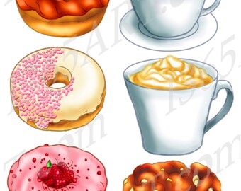 Donut Cafe Clipart, Coffee Cup, Apple Fritter (Digital Download)