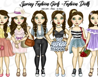 Spring Fashion Girls Clipart, Spring Fashion, Brunette Girl Dolls, Curvy, Fashion Girl clipart, Illustrations, Planner Clipart, Cute Girls