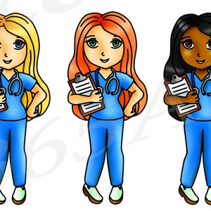 Puede incluir: Tres enfermeras de dibujos animados con diferentes colores de cabello y tonos de piel. Cada enfermera lleva un uniforme azul, un estetoscopio y sostiene un portapapeles.