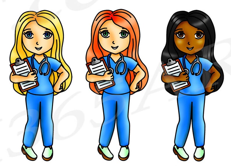 Puede incluir: Tres enfermeras de dibujos animados con diferentes colores de cabello y tonos de piel. Cada enfermera lleva un uniforme azul, un estetoscopio y sostiene un portapapeles.