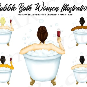 Frau in Badewanne Clipart, Badezeit, Verwöhnen, Mode-Mädchen, Afroamerikaner, Bubble Bath, entspannen, Weinzeit, Planer Illustrationen, PNG