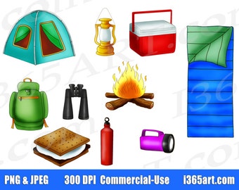 Camping Clipart Set, Camping Clip art, Outdoor Graphics, Scrapbooking, Invitations, Digital Download, PNG JPEG, Commercial