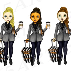 Puede incluir: Tres ilustraciones de mujeres con chaquetas grises, pantalones negros y botas negras. Cada mujer lleva una taza de caf&eacute; y una maleta rayada con un asa marr&oacute;n.