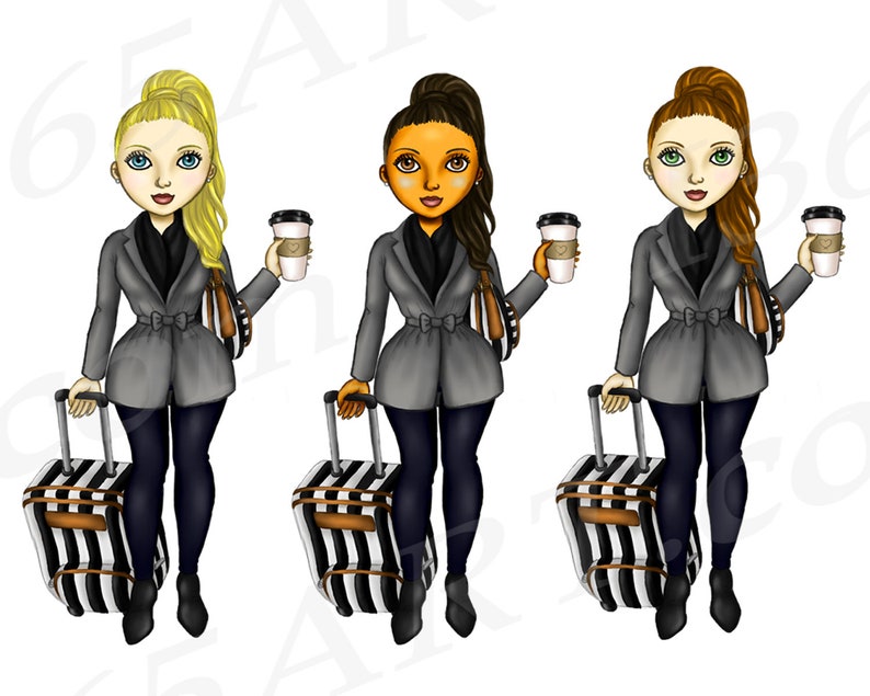 Puede incluir: Tres ilustraciones de mujeres con chaquetas grises, pantalones negros y botas negras. Cada mujer lleva una taza de caf&eacute; y una maleta rayada con un asa marr&oacute;n.
