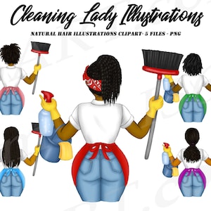 Cleaning Lady Clipart, Cleaning Business logo, Black Woman Clipart, Maid Service, African American, Chores, Female Janitor, Natural Hair image 1