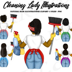 Cleaning Lady Clipart, Cleaning Business logo, Black Woman Clipart, Maid Service, African American, Chores, Female Janitor, Natural Hair image 1