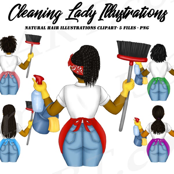 Cleaning Lady Clipart, Cleaning Business logo, Black Woman Clipart, Maid Service, African American, Chores, Female Janitor, Natural Hair