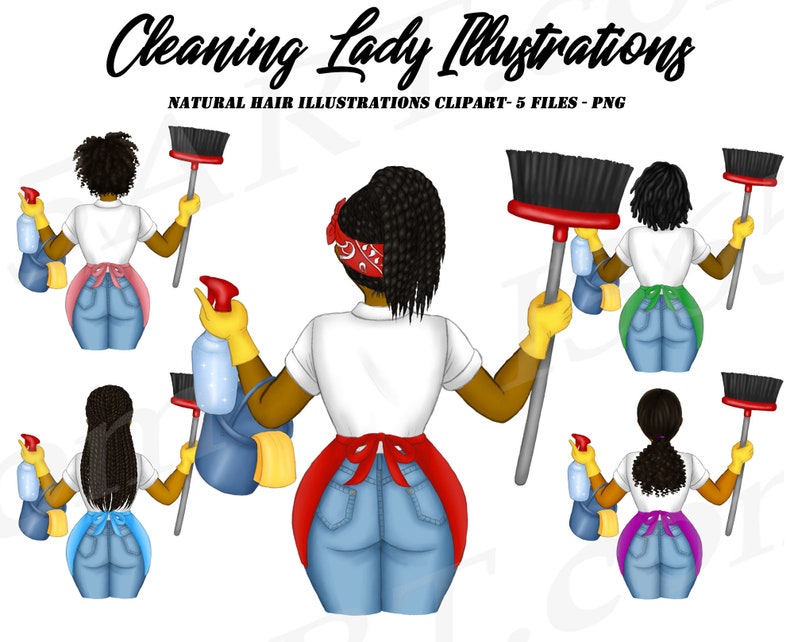 Cleaning Lady Clipart, Cleaning Business logo, Black Woman Clipart, Maid Service, African American, Chores, Female Janitor, Natural Hair image 1