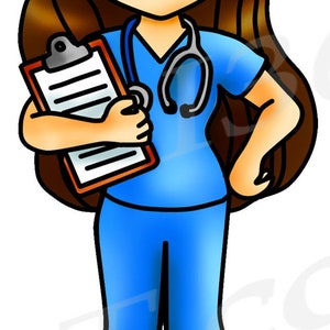 Puede incluir: Una ilustraci&oacute;n de dibujos animados de una enfermera con un uniforme azul y un estetoscopio alrededor del cuello. Ella sostiene un portapapeles con una cubierta roja y papel blanco. Su cabello es casta&ntilde;o y tiene una sonrisa amigable.