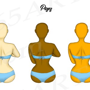 May include: Three illustrations of women in blue bikinis, each with a different skin tone: light, brown, and orange. The women are sitting with their backs to the viewer, their arms crossed in front of them.