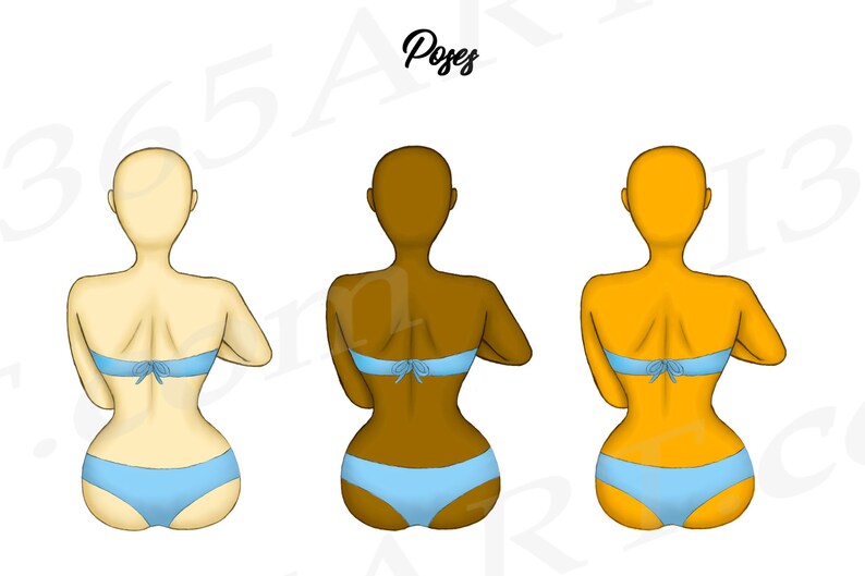May include: Three illustrations of women in blue bikinis, each with a different skin tone: light, brown, and orange. The women are sitting with their backs to the viewer, their arms crossed in front of them.