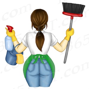 Cleaning Lady Clipart, Cleaning Business logo, Brunette Woman Clipart, Maid Service, Maid Clipart, Chores, Female Janitor, Sublimation image 3