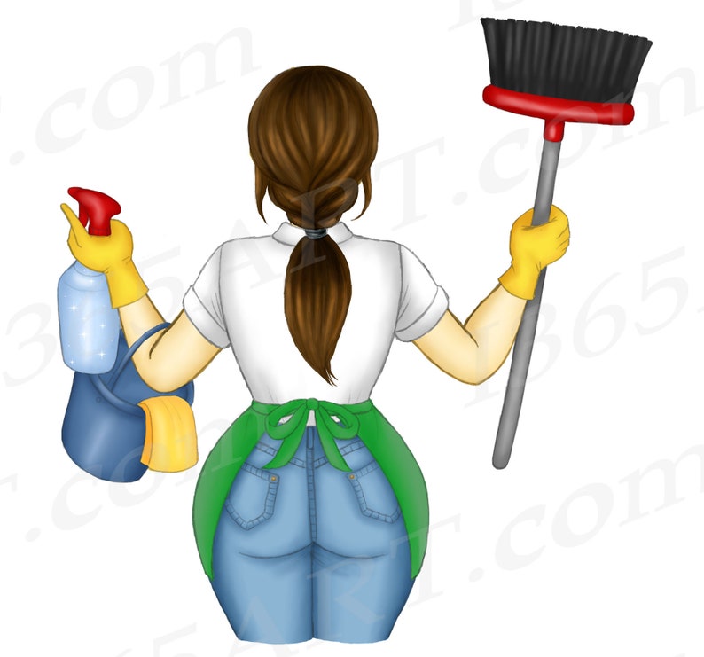 Cleaning Lady Clipart, Cleaning Business logo, Brunette Woman Clipart, Maid Service, Maid Clipart, Chores, Female Janitor, Sublimation image 3