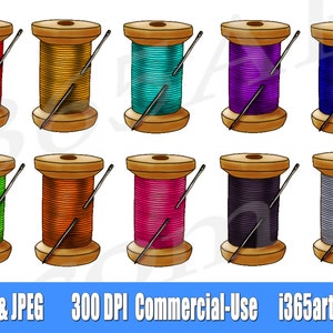 May include: Ten spools of thread with needles, each spool is a different color: red, orange, yellow, green, blue, purple, pink, black, gray, and teal.