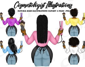 May include: Five digital illustrations of women with different hairstyles, wearing black aprons and jeans, holding hair styling tools and brushes. The text "Cosmetologist Illustrations" and "Natural Hair Illustrations Clipart - 5 Files - PNG" is at the top of the image.