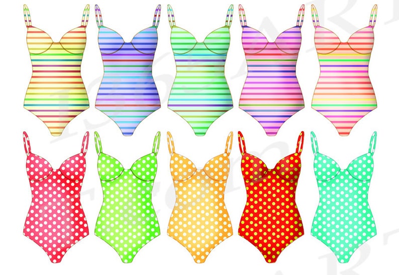 Buy 3 Get 1 Free Swimsuit Clipart, Swimsuit Clip art, Stripes, Polka Dot, One Piece, Swimwear, Bathing Suit, Swimming, Summer, Fashion image 2