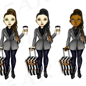 Puede incluir: Tres ilustraciones de mujeres con chaquetas grises y pantalones negros, cada una sosteniendo una taza de caf&eacute; y una maleta rayada con un asa marr&oacute;n.