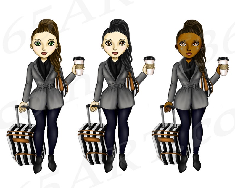 Puede incluir: Tres ilustraciones de mujeres con chaquetas grises y pantalones negros, cada una sosteniendo una taza de caf&eacute; y una maleta rayada con un asa marr&oacute;n.