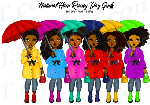 Rainy Day Girls Clipart, Natural Hair, Black Girl, Black Women, Rain, African American clipart, Spring Showers, Umbrella, Weather, Curvy Il_570xn