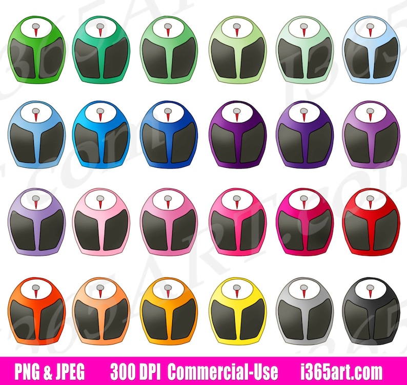 May include: A collection of colorful, cartoon-style bathroom scales. Each scale features a rounded top, a black oval-shaped display, and a red needle. The scales come in various colors, including green, blue, purple, pink, orange, yellow, gray, and black.