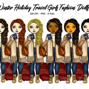 Winter Travel Girl clipart, Travel Clipart, Holiday Vacation, Suitcases, Curvy ladies, Chibi travel girl, Digital Download, African American
