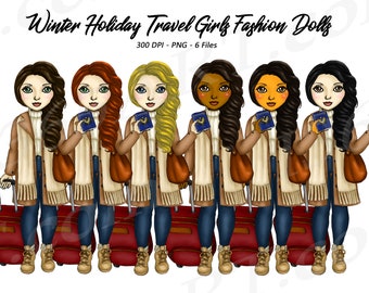 Winter Travel Clipart, Travel Girl Clipart, Holiday Vacation, Suitcases, Curvy ladies, Fashion Girls PNG, Digital Download, African American