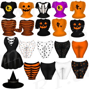 K&ouml;nnte beinhalten: Ein Set mit Halloween-Motiven f&uuml;r Kleidung, darunter Shirts, Pullover, Leggings und ein Hexenhut. Die Grafiken zeigen verschiedene Designs wie K&uuml;rbisse, Skelette, Hexen und Streifen.