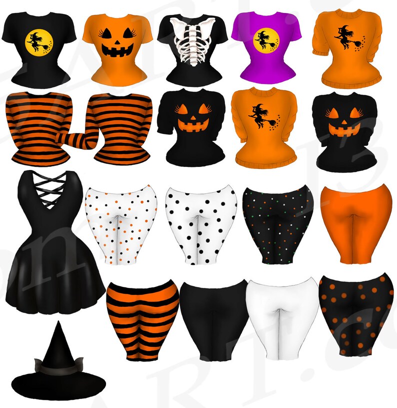 K&ouml;nnte beinhalten: Ein Set mit Halloween-Motiven f&uuml;r Kleidung, darunter Shirts, Pullover, Leggings und ein Hexenhut. Die Grafiken zeigen verschiedene Designs wie K&uuml;rbisse, Skelette, Hexen und Streifen.
